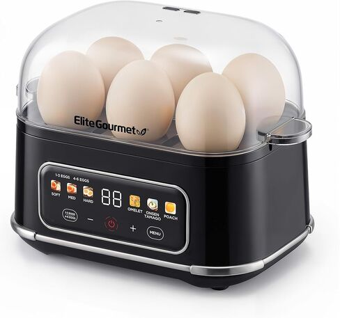 Elite Gourmet EGC314CB جهاز طهي الطعام بالبخار الرقمي سهل البيض، صياد السمك، أومليت، ناعم، متوسط، بيض مسلوق مع 6 وظائف محددة مسبقًا مبرمجة، طبقتان، كوب قياس، خالٍ من البيسفينول A، سعة 14 بيضة، أسود in Kuwait