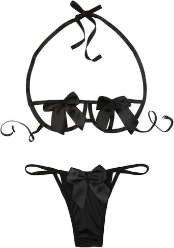 Women Cute Bowknot Bra and Panties Set Halter Neck Sexy Babydoll Lingerie Set Self Tie Straps Teddy Underwear Sleepwear Gift in Saudi Arabia
