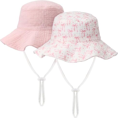Cuffbow 2 Pack Pink Bow Muslin Infant Sun Hat UPF 50+ حماية من الشمس Coquette قبعة دلو الطفل مع حافة واسعة لحديثي الولادة للصيف للبنين والبنات in Kuwait