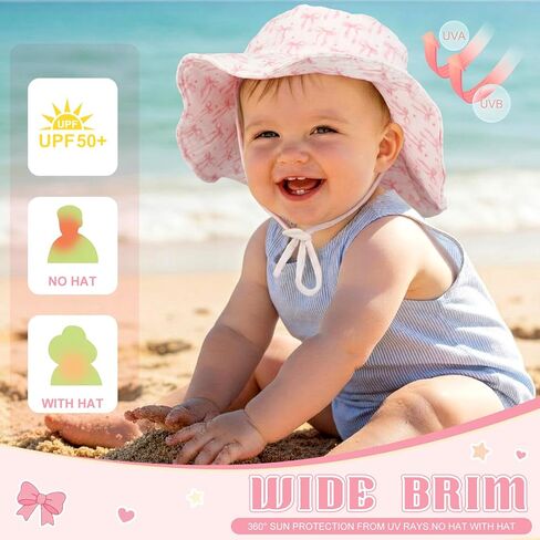 Cuffbow 2 Pack Pink Bow Muslin Infant Sun Hat UPF 50+ حماية من الشمس Coquette قبعة دلو الطفل مع حافة واسعة لحديثي الولادة للصيف للبنين والبنات in Kuwait