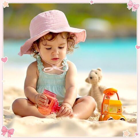 Cuffbow 2 Pack Pink Bow Muslin Infant Sun Hat UPF 50+ حماية من الشمس Coquette قبعة دلو الطفل مع حافة واسعة لحديثي الولادة للصيف للبنين والبنات in Kuwait