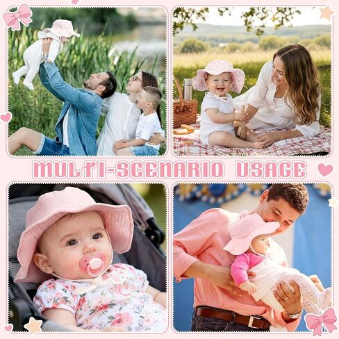 Cuffbow 2 Pack Pink Bow Muslin Infant Sun Hat UPF 50+ حماية من الشمس Coquette قبعة دلو الطفل مع حافة واسعة لحديثي الولادة للصيف للبنين والبنات in Kuwait
