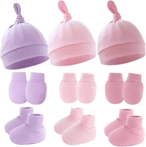 3 Piece Baby Hat Mittens and Booties Set Knotted Beanie Cap Stretchy Gloves Non-Slip Socks for 6-12 Months Boys and Girl in Kuwait