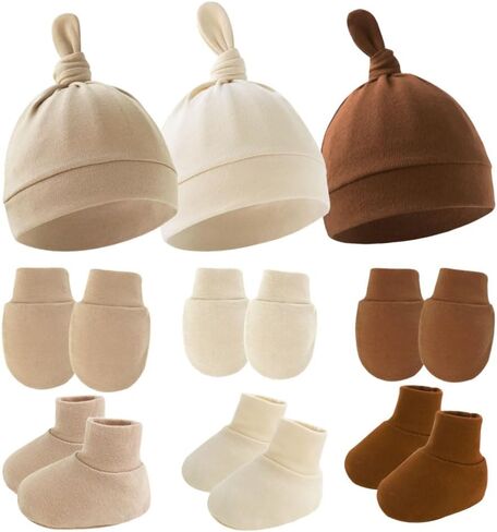 3 Piece Baby Hat Mittens and Booties Set Knotted Beanie Cap Stretchy Gloves Non-Slip Socks for 6-12 Months Boys and Girl in Saudi Arabia