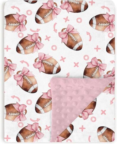 Dirty Pink Baby Blankets for Girls 30" x 40", Soft Double Layer Minky Blanket Dotted Fleece Back, Nursery Bed Receiving Quilt Newborn Infant Toddler Shower Gift Football Bow Sport Game Theme in Saudi Arabia