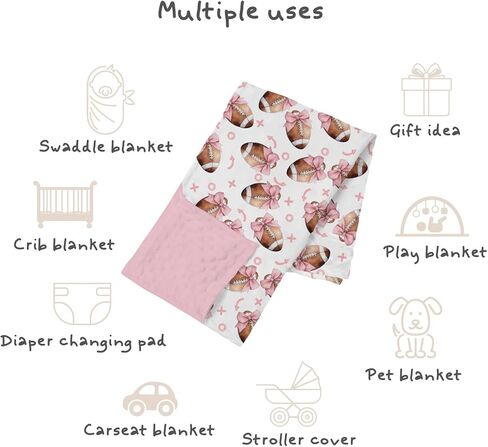 Dirty Pink Baby Blankets for Girls 30" x 40", Soft Double Layer Minky Blanket Dotted Fleece Back, Nursery Bed Receiving Quilt Newborn Infant Toddler Shower Gift Football Bow Sport Game Theme in Saudi Arabia