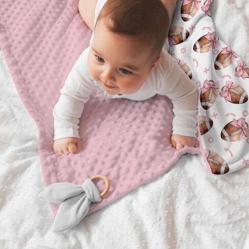 Dirty Pink Baby Blankets for Girls 30" x 40", Soft Double Layer Minky Blanket Dotted Fleece Back, Nursery Bed Receiving Quilt Newborn Infant Toddler Shower Gift Football Bow Sport Game Theme in Saudi Arabia