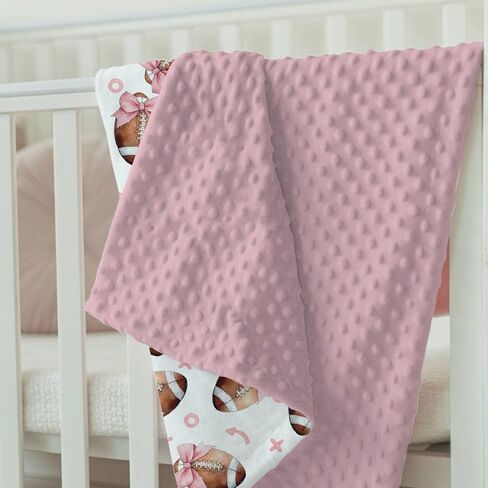 Dirty Pink Baby Blankets for Girls 30" x 40", Soft Double Layer Minky Blanket Dotted Fleece Back, Nursery Bed Receiving Quilt Newborn Infant Toddler Shower Gift Football Bow Sport Game Theme in Saudi Arabia