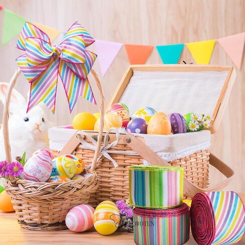 شريط عيد الفصح السلكي 2.5 بوصة × 20 ياردة، خطوط سميكة من القماش الملون، حواف مخيطة، لأكاليل الربيع، وأقواس الهدايا والحرف اليدوية in Kuwait