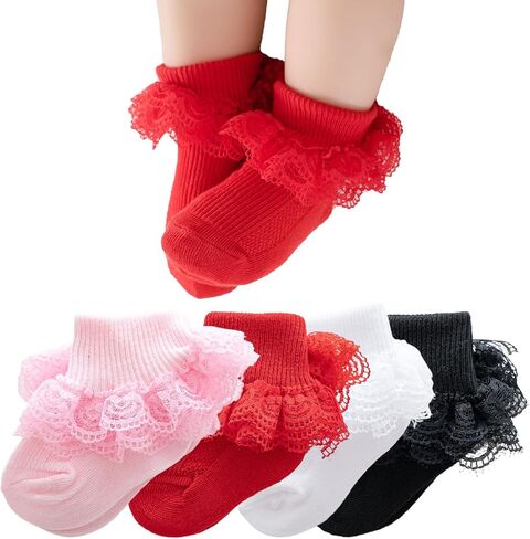Baby Girls Lace Socks,Soft Cotton Ruffle Ankle Socks Frilly Dress Socks for Newborns Infants Toddlers and kids in Kuwait