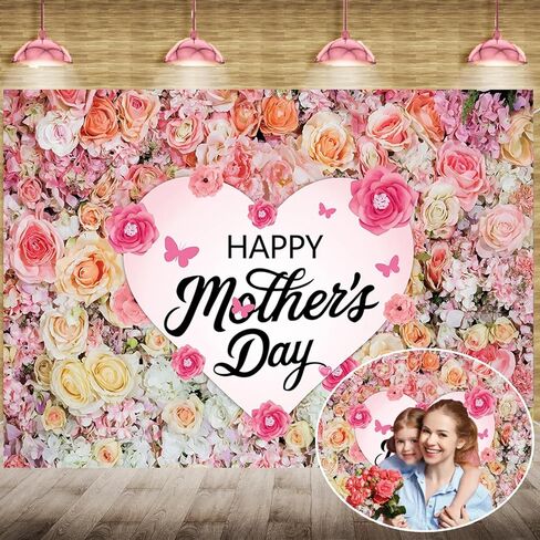 Happy Mother's Day Banner Backdrop 7x5FT Pink Rose Wall Thank Mom Background Mothers Day Party Decorations Supplies Photo Props in Kuwait
