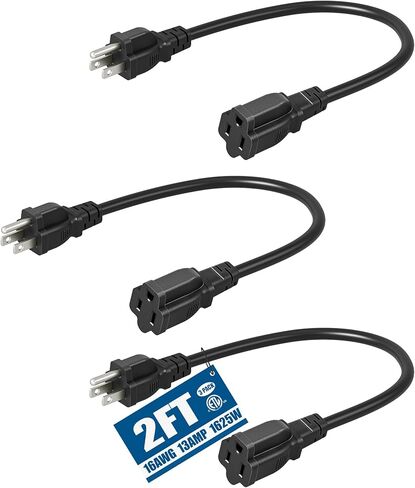 DEWENWILS 10 حزم سلك تمديد قصير، سلك طاقة 1 قدم، كابل تمديد مقاوم للطقس 16 AWG SJTW للاستخدام الداخلي والخارجي، 3 مقابس منافذ مؤرضة، NEMA 5-15P إلى NEMA 5-15R، أسود، مدرج في قائمة UL in Kuwait