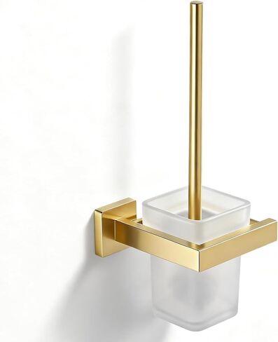 Toilet Brush with Holder Wall Mounted Brushed Gold, NEWRAIN Modern Bathroom Toilet Brush with Holder Stainless Steel Holder Glass Canister with Toilet Brush Toilet Brush Holder Set in Kuwait