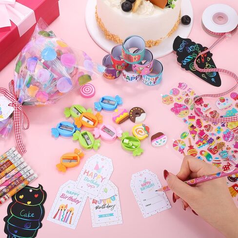 Aneco 24 Giant Lollipop-Shaped Stationery Set, Valentines Day Gifts with Scratch Art Kits Cards Pencils Stickers Erasers Stamps Sharpeners for Exchange Party Favors Bags in Saudi Arabia