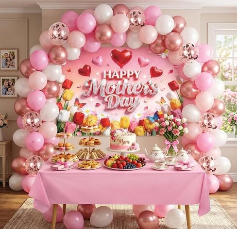 Mother's Day Decorations Backdrop with Tablecloth and Balloons Set, 7x5ft Polyester Floral Photography Background, Happy Mother's Day Banner for Party Decorations, Pink Flower Wall Photo Booth Props in Kuwait
