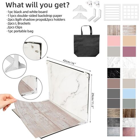 Photo Backdrop for Product Photography: Matte Paper Background Kit 16.5x11.7in 11-Pack with 22 Patterns for Food Jewelry Makeup & Small Products - Product Photographers & Content Creators Essential in Kuwait