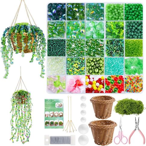Wurosi 4074 Pcs Green Glass Beaded Plant Kit with Rattan Basket, Forever Plant Beaded Making Kit with with Hanging Chain and Manual, Green Crystal Leaf Beads for Jewelry Making Beaded Plants in Saudi Arabia