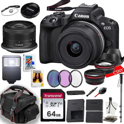 كاميرا Canon EOS R50 بدون مرآة مع عدسة 18-45 مم + ذاكرة 64 جيجابايت + غطاء + حامل أحادي + فلاتر + فلاش تابع + المزيد (حزمة 25 قطعة) (متجددة)، أسود in Kuwait