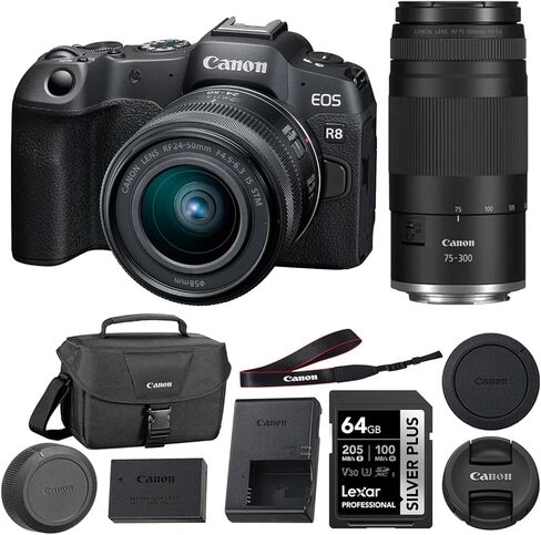 Canon EOS R8 Mirrorless Camera with RF 24-50mm f/4.5-6.3 is STM Lens Bundle with RF 75-300mm Lens + 64GB Memory Card + Canon 200ES EOS Shoulder Bag (4 Items) in Kuwait