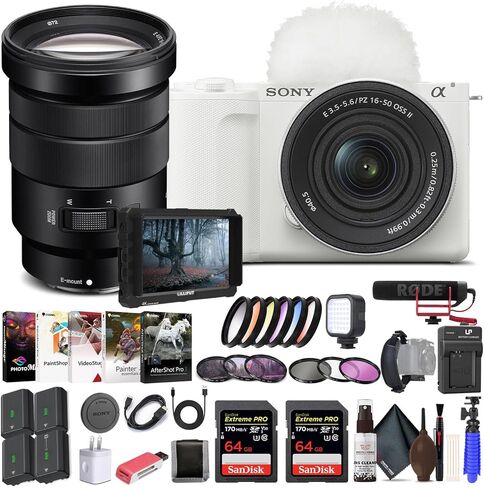Sony Alpha ZV-E10 II Mirrorless Camera with 16-50mm Lens (White) - 18-105mm Lens, 4K Monitor, Pro Mic, 2 x 64GB Memory Card, Color Filter Kit, Filter Kit, More in Kuwait