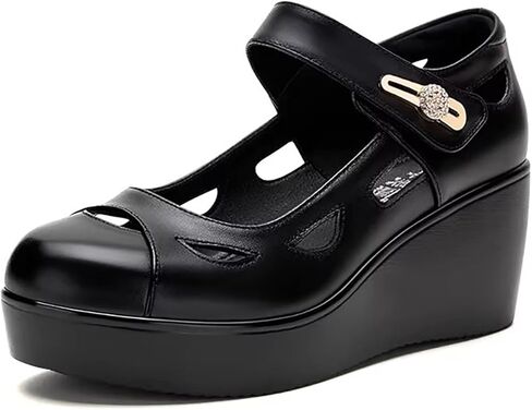 Women's Leather Cutout Wedge Thick Sole Mary Jane Shoes with Adjust Hook&Loop Comfortable Round Toe Non-Slip Chunky Platform Casual Pumps Business Office Work Shoes in Kuwait