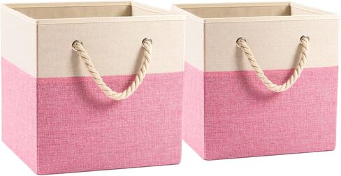 PRANDOM Large Foldable Cube Storage Bins 13x13 inch [2-Pack] Fabric Linen Storage Baskets Cubes Drawer with Cotton Handles Organizer for Shelves Nursery Closet Bedroom Beige/Blue in Saudi Arabia