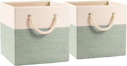 PRANDOM Large Foldable Cube Storage Bins 13x13 inch [2-Pack] Fabric Linen Storage Baskets Cubes Drawer with Cotton Handles Organizer for Shelves Nursery Closet Bedroom Beige/Blue in Saudi Arabia