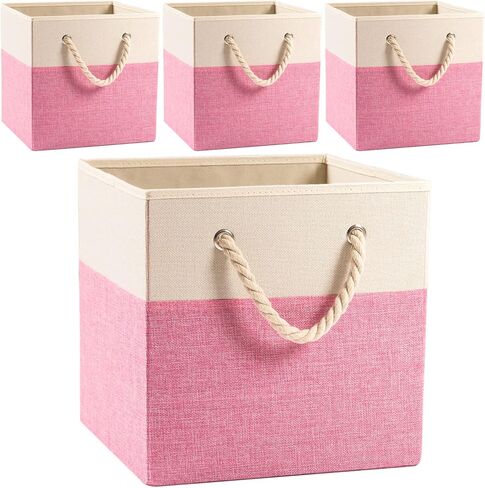 PRANDOM Large Foldable Cube Storage Bins 13x13 inch [2-Pack] Fabric Linen Storage Baskets Cubes Drawer with Cotton Handles Organizer for Shelves Nursery Closet Bedroom Beige/Blue in Saudi Arabia