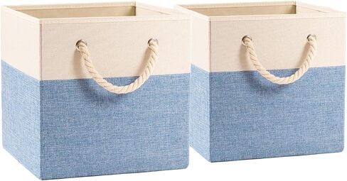 PRANDOM Large Foldable Cube Storage Bins 13x13 inch [2-Pack] Fabric Linen Storage Baskets Cubes Drawer with Cotton Handles Organizer for Shelves Nursery Closet Bedroom Beige/Blue in Saudi Arabia