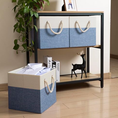 PRANDOM Large Foldable Cube Storage Bins 13x13 inch [2-Pack] Fabric Linen Storage Baskets Cubes Drawer with Cotton Handles Organizer for Shelves Nursery Closet Bedroom Beige/Blue in Saudi Arabia