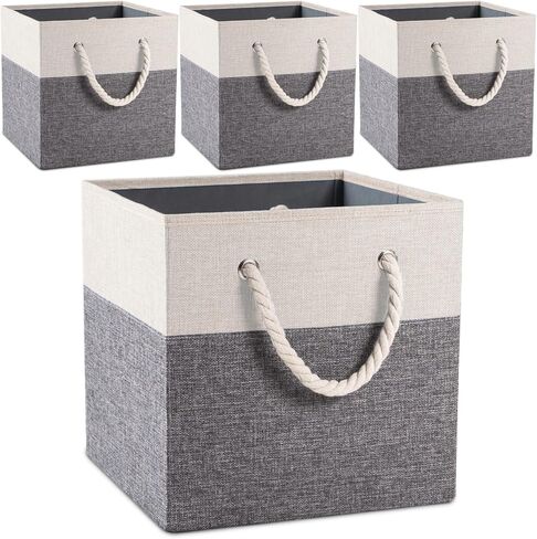 PRANDOM Large Foldable Cube Storage Bins 13x13 inch [2-Pack] Fabric Linen Storage Baskets Cubes Drawer with Cotton Handles Organizer for Shelves Nursery Closet Bedroom Beige/Blue in Saudi Arabia