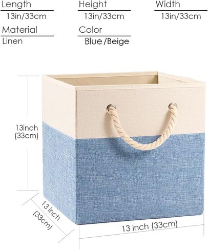 PRANDOM Large Foldable Cube Storage Bins 13x13 inch [2-Pack] Fabric Linen Storage Baskets Cubes Drawer with Cotton Handles Organizer for Shelves Nursery Closet Bedroom Beige/Blue in Saudi Arabia
