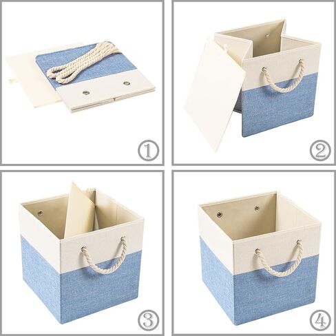 PRANDOM Large Foldable Cube Storage Bins 13x13 inch [2-Pack] Fabric Linen Storage Baskets Cubes Drawer with Cotton Handles Organizer for Shelves Nursery Closet Bedroom Beige/Blue in Saudi Arabia