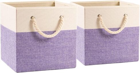 PRANDOM Large Foldable Cube Storage Bins 13x13 inch [2-Pack] Fabric Linen Storage Baskets Cubes Drawer with Cotton Handles Organizer for Shelves Nursery Closet Bedroom Beige/Blue in Saudi Arabia