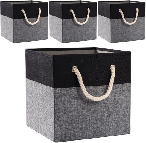 PRANDOM Large Foldable Cube Storage Bins 13x13 inch [2-Pack] Fabric Linen Storage Baskets Cubes Drawer with Cotton Handles Organizer for Shelves Nursery Closet Bedroom Beige/Blue in Saudi Arabia