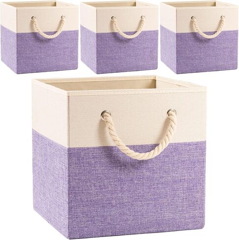 PRANDOM Large Foldable Cube Storage Bins 13x13 inch [2-Pack] Fabric Linen Storage Baskets Cubes Drawer with Cotton Handles Organizer for Shelves Nursery Closet Bedroom Beige/Blue in Saudi Arabia