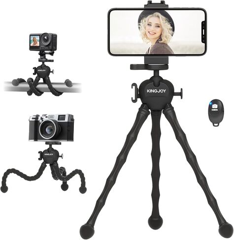 حامل ثلاثي لكاميرا الحركة المرنة من KINGJOY لـ Gopro، حامل ثلاثي الأخطبوط لتسجيل الفيديو مع أرجل قابلة للفصل، رأس كروي 360 درجة، حذاء بارد وجهاز تحكم عن بعد، حامل كاميرا محمول لـ GoPro، DJI، كاميرا مدمجة - أسود in Kuwait