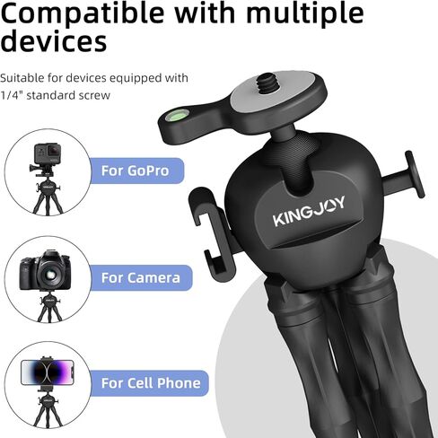 حامل ثلاثي لكاميرا الحركة المرنة من KINGJOY لـ Gopro، حامل ثلاثي الأخطبوط لتسجيل الفيديو مع أرجل قابلة للفصل، رأس كروي 360 درجة، حذاء بارد وجهاز تحكم عن بعد، حامل كاميرا محمول لـ GoPro، DJI، كاميرا مدمجة - أسود in Kuwait