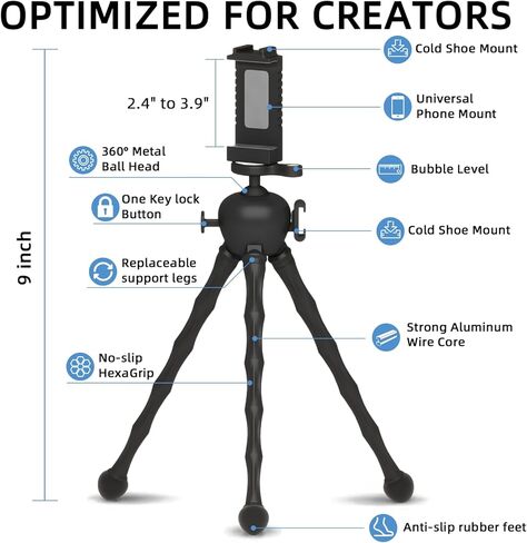 حامل ثلاثي لكاميرا الحركة المرنة من KINGJOY لـ Gopro، حامل ثلاثي الأخطبوط لتسجيل الفيديو مع أرجل قابلة للفصل، رأس كروي 360 درجة، حذاء بارد وجهاز تحكم عن بعد، حامل كاميرا محمول لـ GoPro، DJI، كاميرا مدمجة - أسود in Kuwait