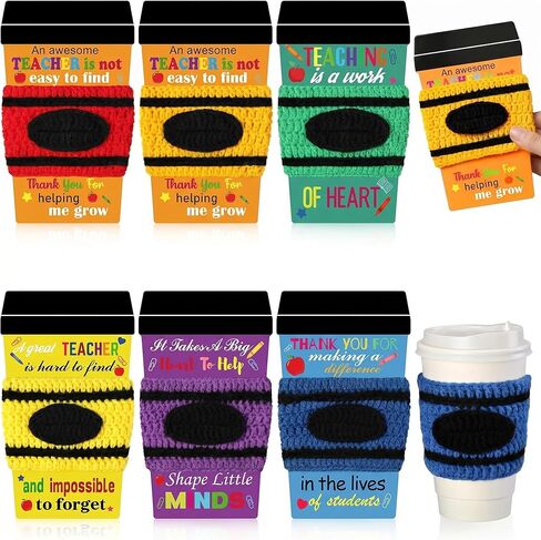 Zhehao 6 Set Teacher Appreciation Gift Crochet Coffee Cozy with Thank You Coffee Cup Teacher Gift Card for End of Year Graduation Party Favors(Cute Style) in Saudi Arabia