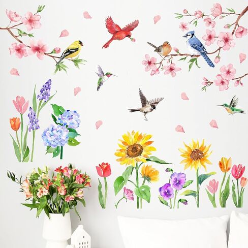 Mfault Spring Summer Floral Birds Wall Decals Stickers, Watercolor Peach Blossom Flower Sunflower Tulip Decorations Bedroom Art, Cardinal Bluebird Hummingbird Goldfinch Home Living Room Kitchen Decor in Kuwait