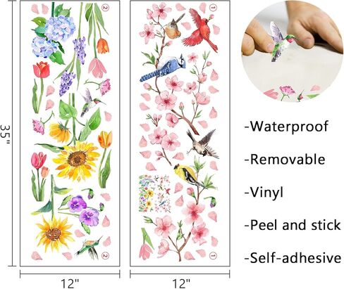 Mfault Spring Summer Floral Birds Wall Decals Stickers, Watercolor Peach Blossom Flower Sunflower Tulip Decorations Bedroom Art, Cardinal Bluebird Hummingbird Goldfinch Home Living Room Kitchen Decor in Kuwait