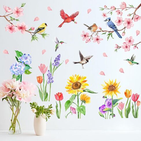 Mfault Spring Summer Floral Birds Wall Decals Stickers, Watercolor Peach Blossom Flower Sunflower Tulip Decorations Bedroom Art, Cardinal Bluebird Hummingbird Goldfinch Home Living Room Kitchen Decor in Kuwait