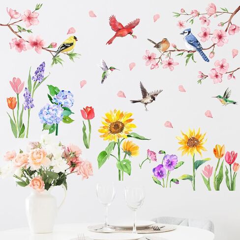 Mfault Spring Summer Floral Birds Wall Decals Stickers, Watercolor Peach Blossom Flower Sunflower Tulip Decorations Bedroom Art, Cardinal Bluebird Hummingbird Goldfinch Home Living Room Kitchen Decor in Kuwait