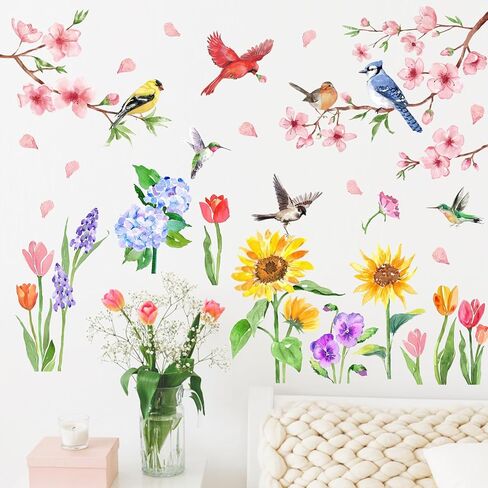 Mfault Spring Summer Floral Birds Wall Decals Stickers, Watercolor Peach Blossom Flower Sunflower Tulip Decorations Bedroom Art, Cardinal Bluebird Hummingbird Goldfinch Home Living Room Kitchen Decor in Kuwait