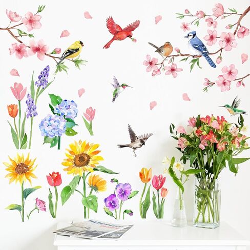 Mfault Spring Summer Floral Birds Wall Decals Stickers, Watercolor Peach Blossom Flower Sunflower Tulip Decorations Bedroom Art, Cardinal Bluebird Hummingbird Goldfinch Home Living Room Kitchen Decor in Kuwait