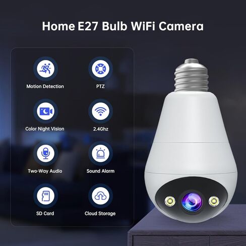 كاميرا مراقبة بمصباح كهربائي HD1080P عرض 360 درجة متابعة تنبيه اكتشاف التسجيل يدعم تخزين البطاقة/السحابة 8-256 جيجا، صوت ثنائي الاتجاه، لون ليلي in Kuwait
