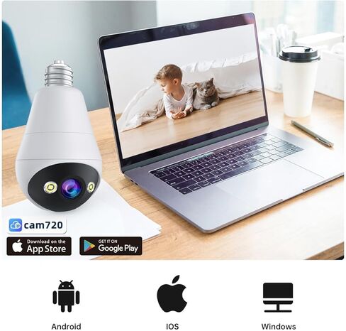 كاميرا مراقبة بمصباح كهربائي HD1080P عرض 360 درجة متابعة تنبيه اكتشاف التسجيل يدعم تخزين البطاقة/السحابة 8-256 جيجا، صوت ثنائي الاتجاه، لون ليلي in Kuwait