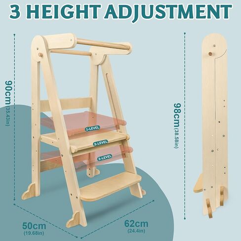 برج تعليمي قائم للأطفال قابل للطي، مقعد خشبي للمطبخ للأطفال، 3 ارتفاعات قابلة للتعديل، قضبان مضادة للانزلاق وآمنة، مساعد لخطوات الحضانة في الحمام المضاد للمطبخ (طبيعي) in Kuwait