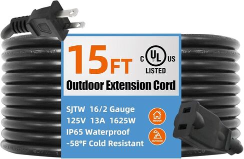 UL Listed Outdoor Extension Cord 2 Prong 15 FT SJTW 16/2 Gauge 13A 125V 1625W, Black Outdoor Extension Cord Waterproof, Flame & Cold Retardant,Water & Weather Resistant in Kuwait